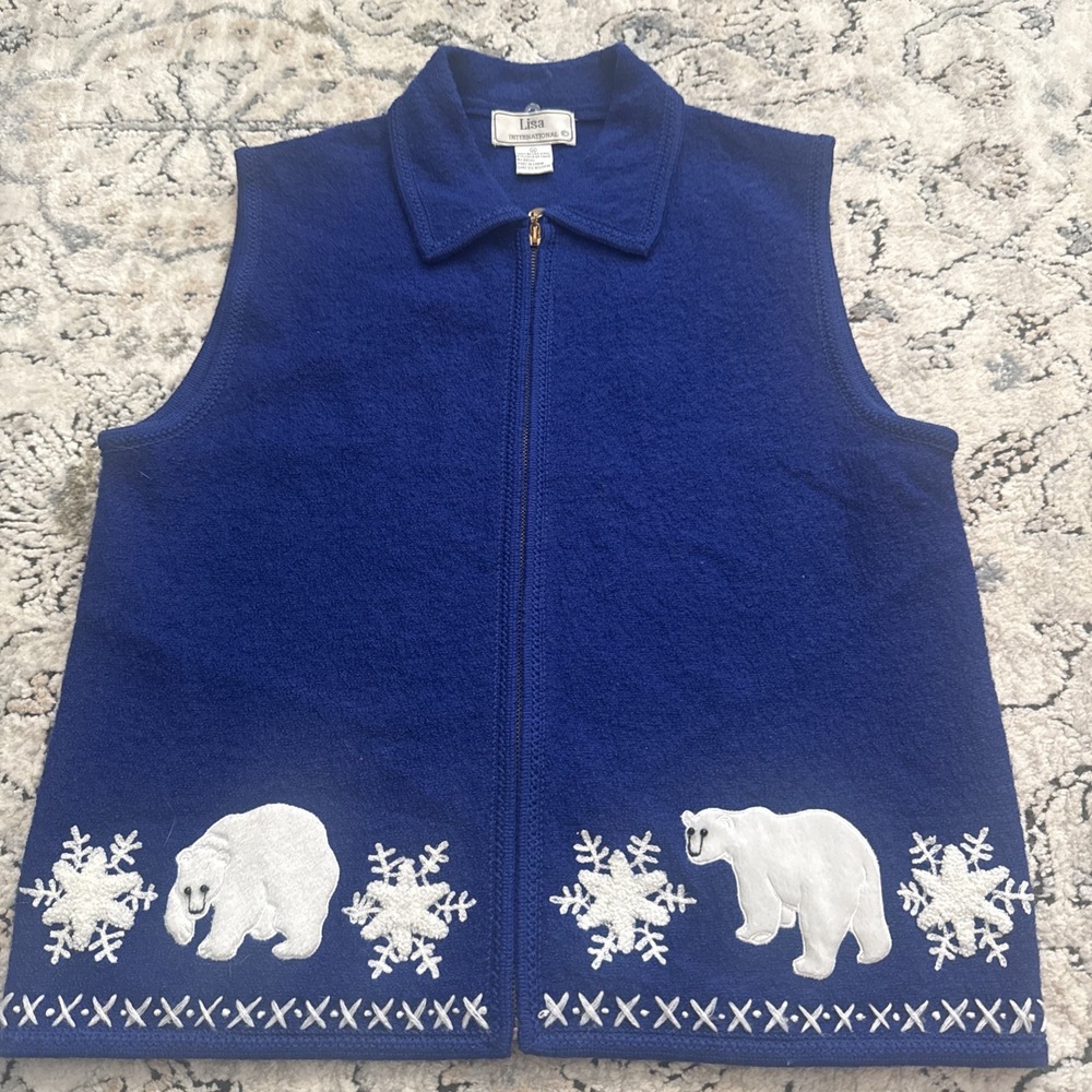 Lisa International Womens Blue Polar Bear Boiled Wool Vest Sweater Size Medium
